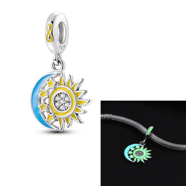925 Sterling Silver Glowing Stars Moon Sun Rainbow Dangle Charms Beads Bracelet Necklace Jewelry Women