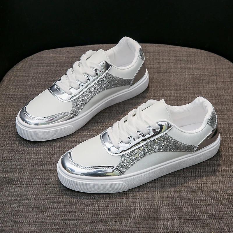 2024 Новые женские туфли с пайетками, золотисто-серебристые, на плоской подошве, подходящие кроссовки для бега, женская повседневная спортивная обувь для женщин, Zapatos De Mujer
