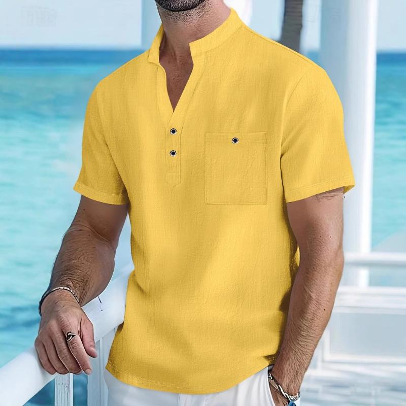 Мужская рубашка-henley из смесовой льняной ткани, с коротким рукавом, воротником-стойкой, повседневная, на пуговицах, с карманом