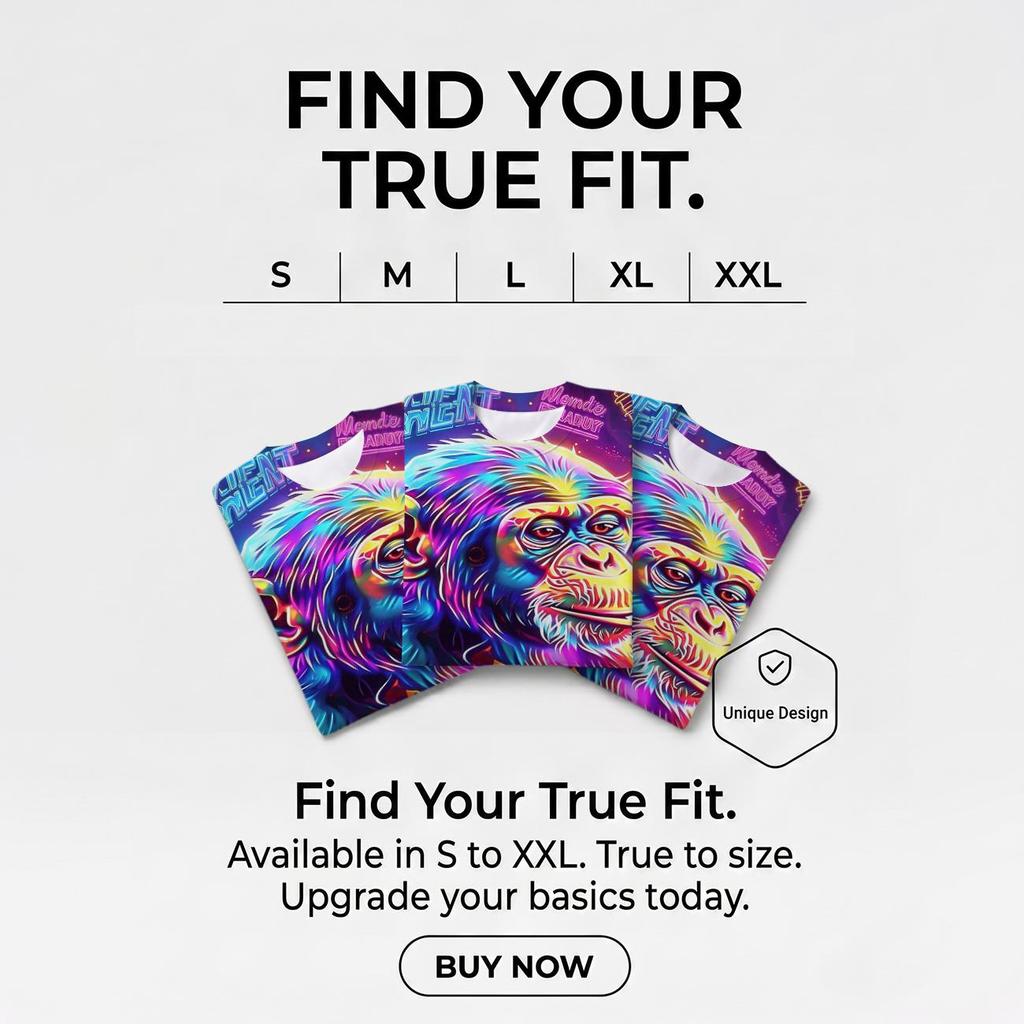 Men All‑Over Print T‑Shirt, Vibrant Neon Chimpanzee Cosmic Galaxy Graphic Short Sleeve Tee