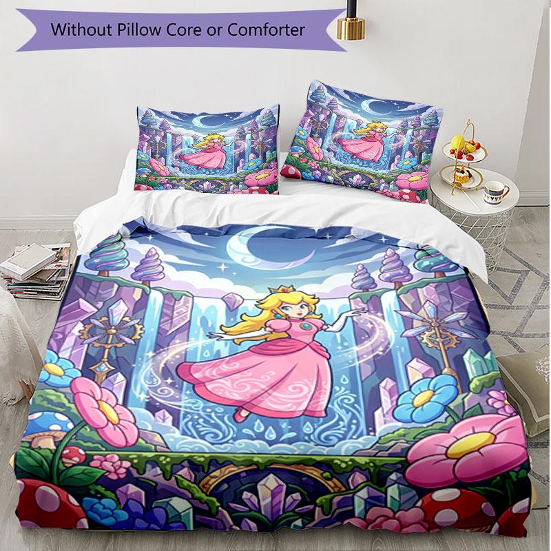 3pcs Duvet Cover Set (1*Duvet Cover + 2*Pillowcase, Without Core), Princess Peach Toadstool Print Soft All‑Season Bedding Set, Home Bedroom Decor Gift