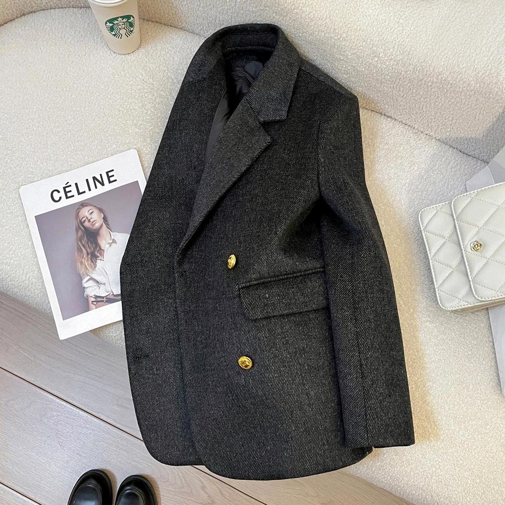 Женский темно-серый твиловый блейзер 2025 года - Деловой пиджак в британском стиле