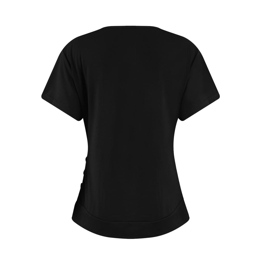 Women's  Short Sleeve T Shirts Deep V Neck Loose Casual Tee Tops For Women Solid Ruched Side Top
