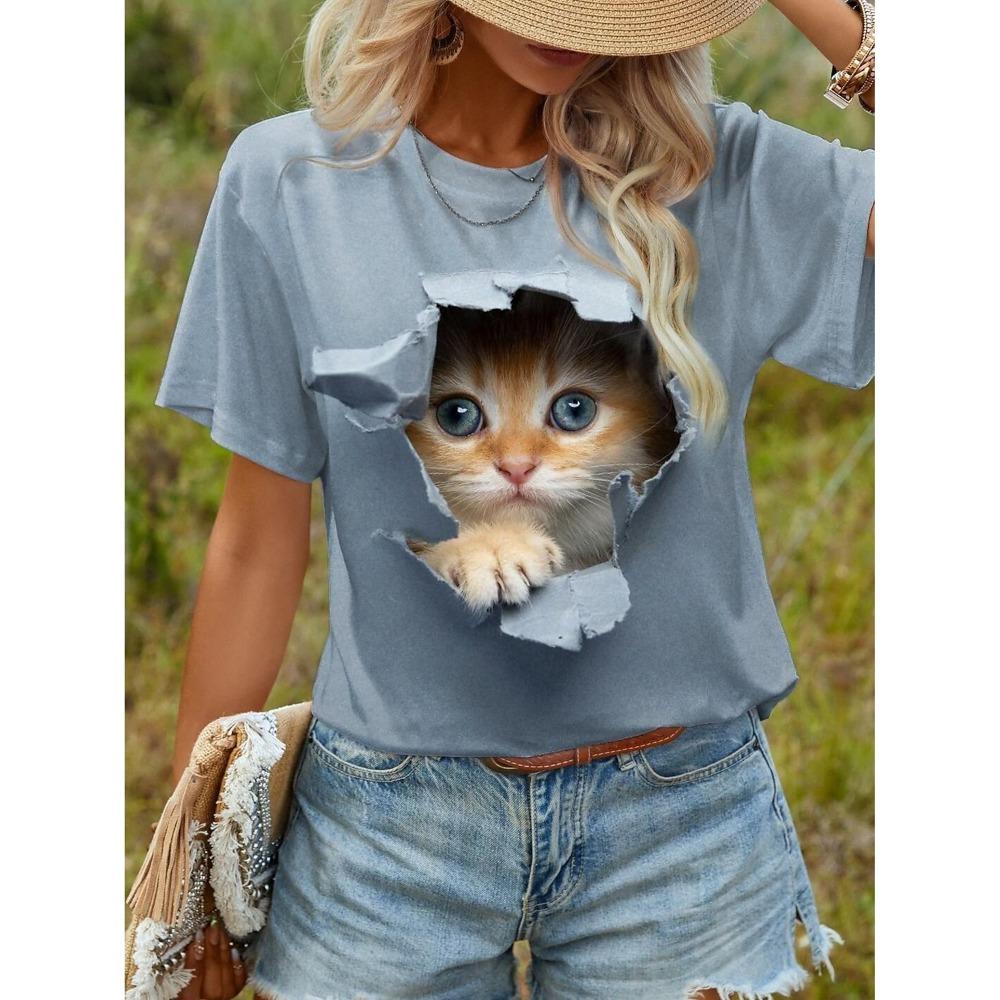 Летняя женская футболка с 3D принтом Kawaii Cat Graphics, повседневные топы с короткими рукавами, модные женские футболки с круглым вырезом, красивые