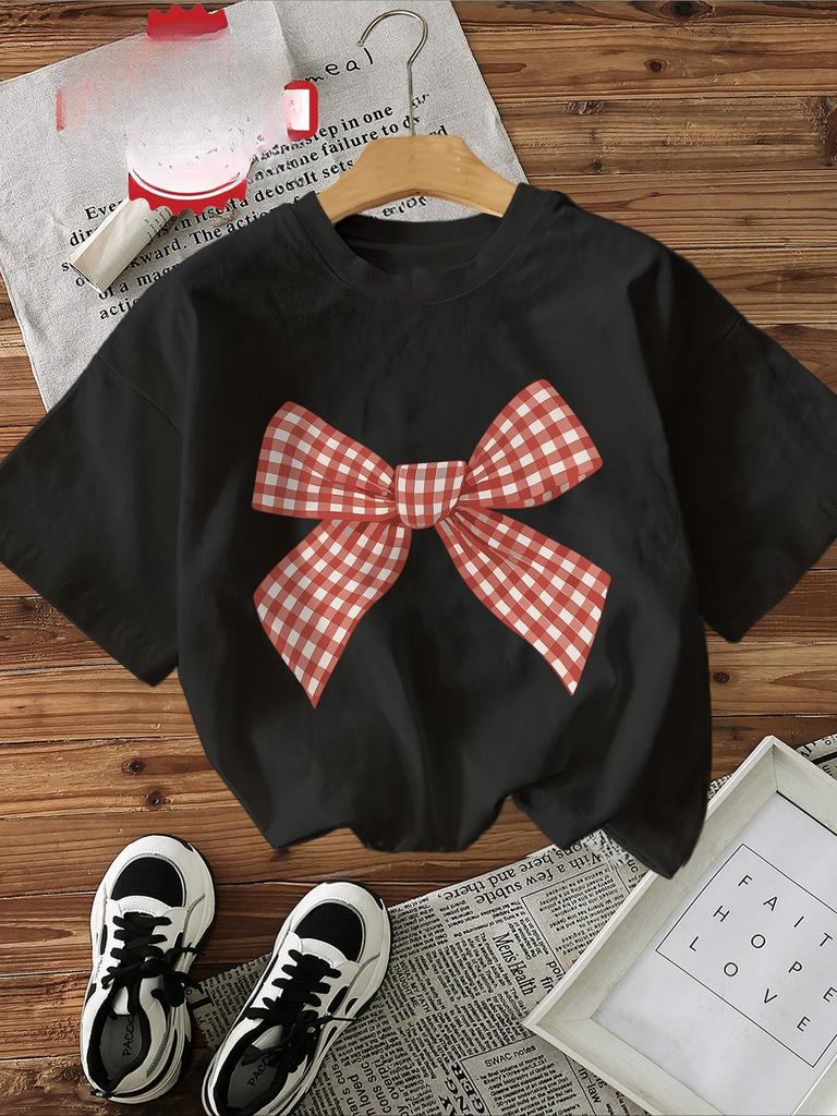 Женская повседневная футболка с коротким рукавом и круглым вырезом, с принтом в клетку «гингам» и графикой в виде банта, комфортная, стандартной посадки, женская летняя одежда на каждый день