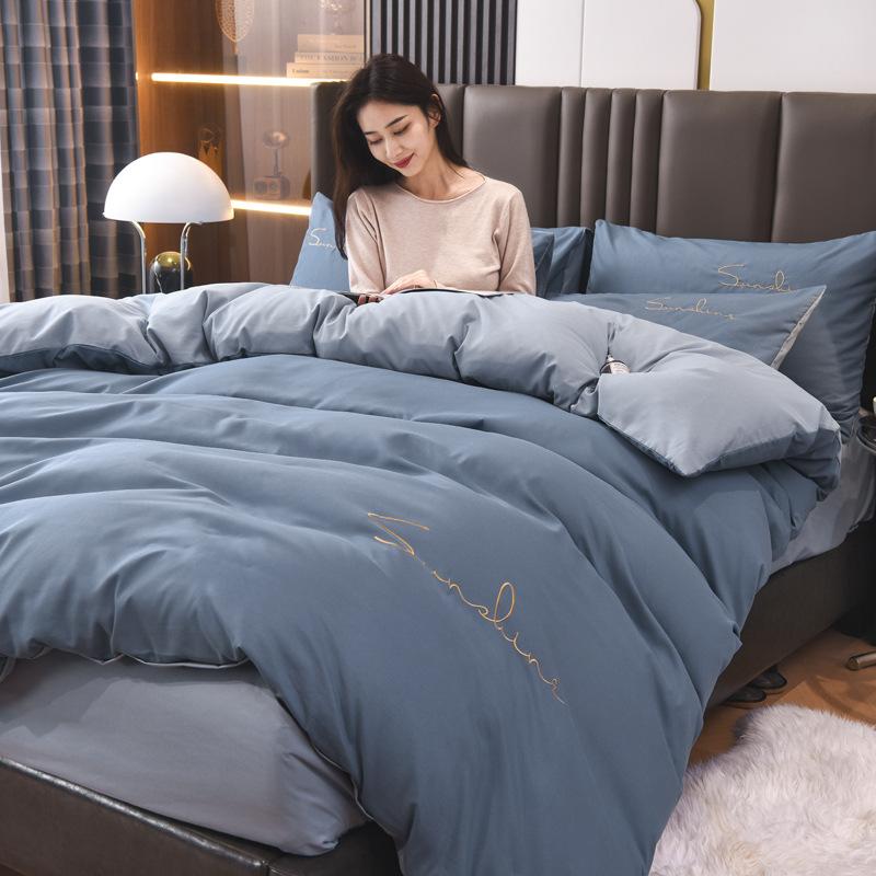 Solid Color Embroidery Simple Grinding Four-piece Set European Solid Color Embroidery Quilt Cover Bed Sheet Bedding