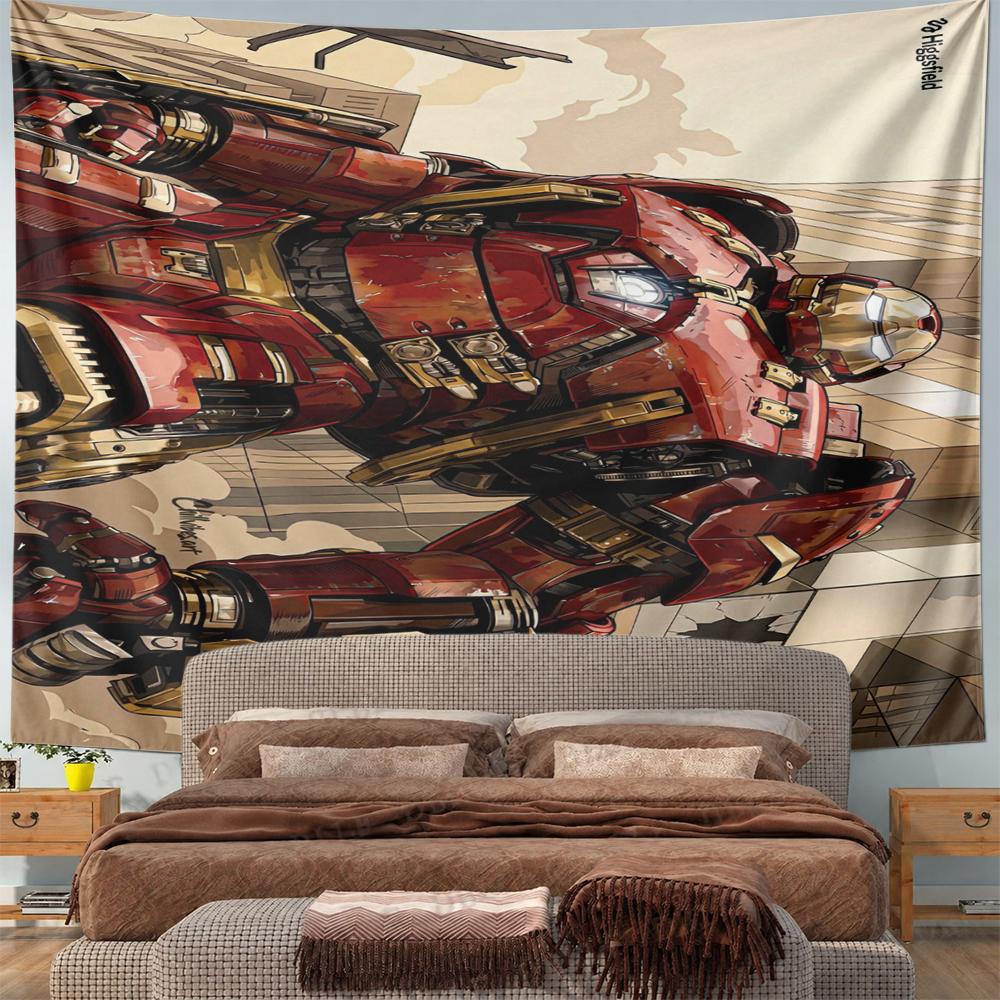 Red Robotic Suit Comic Style City Background Patterned tapestry for bedroom and living room home decor sofas