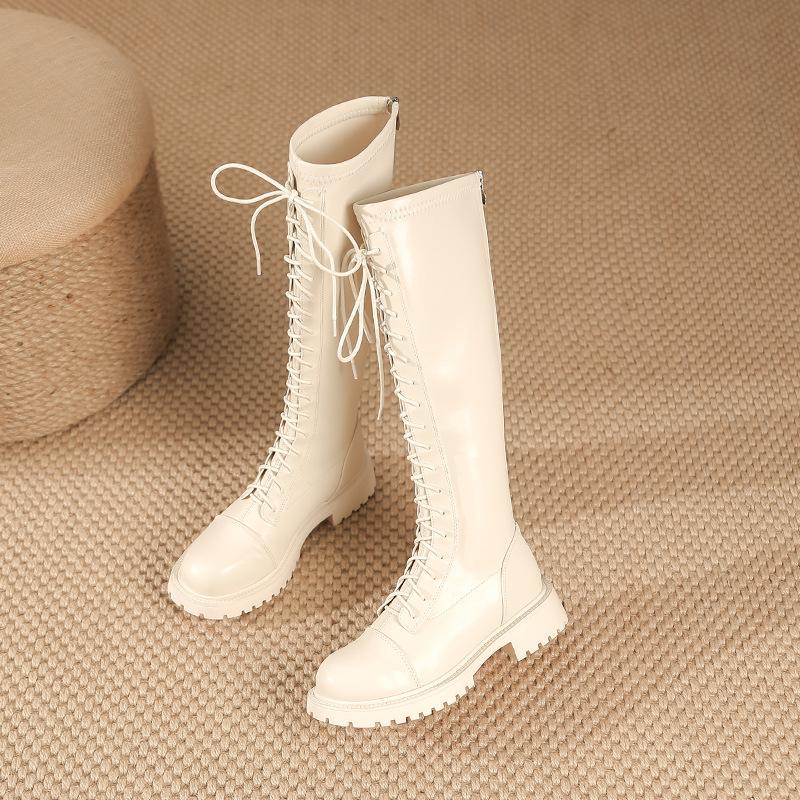 Белые рыцарские ботинки женские ботинки на шнуровке женские осенне-зимние универсальные ботинки на толстой подошве женские нескользящие и износостойкие