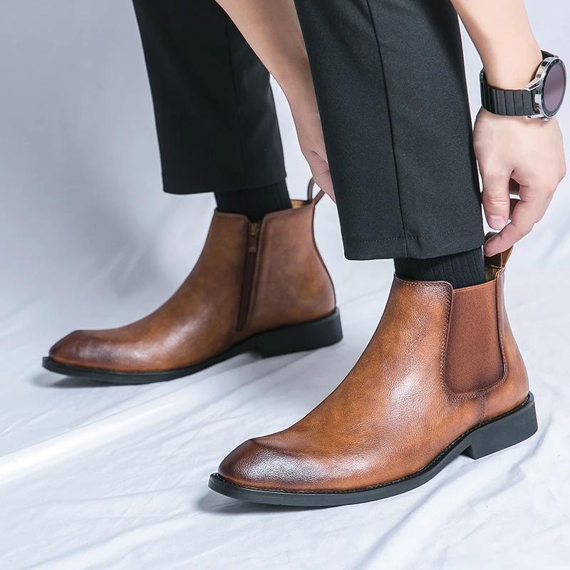 Luxury Brand Side Zipper Chelsea Boots Casual Dress Shoes Men's Formal Boots British Style High Top Leather Ankle Boots for Men