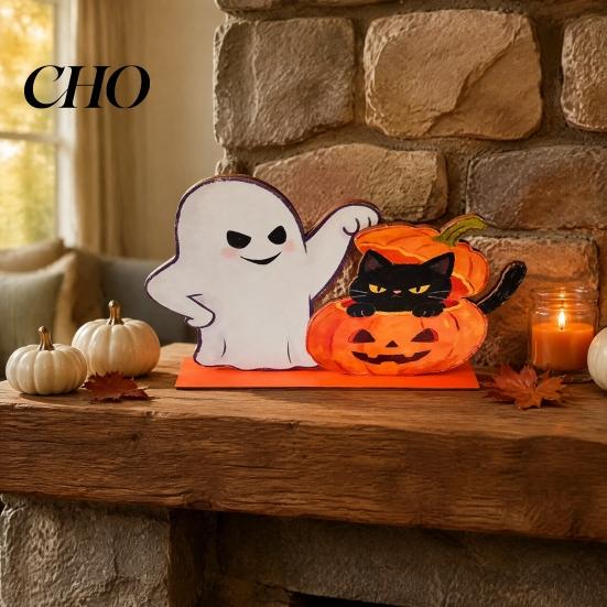 Vintage Style Holiday Decor Halloween Wooden Ghost And Pumpkin Black Cat Ornaments, Retro Ornaments Cartoon Tabletop Centerpiece Decorations for Home