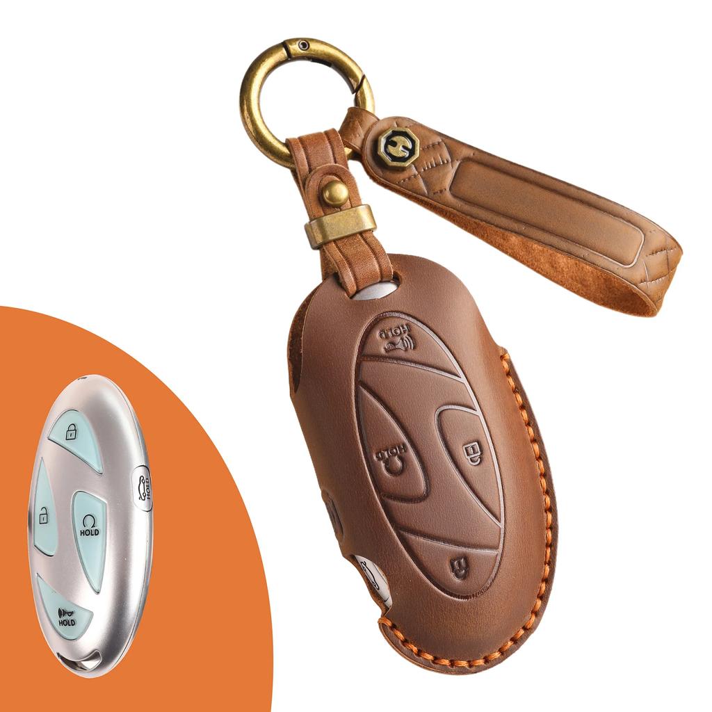 Smart Car Key Case Cover for Hyundai Grandeur GN7 Kona Ev Year 2023 Genuine Leather Keyring Fob Shell Accessories Keychain