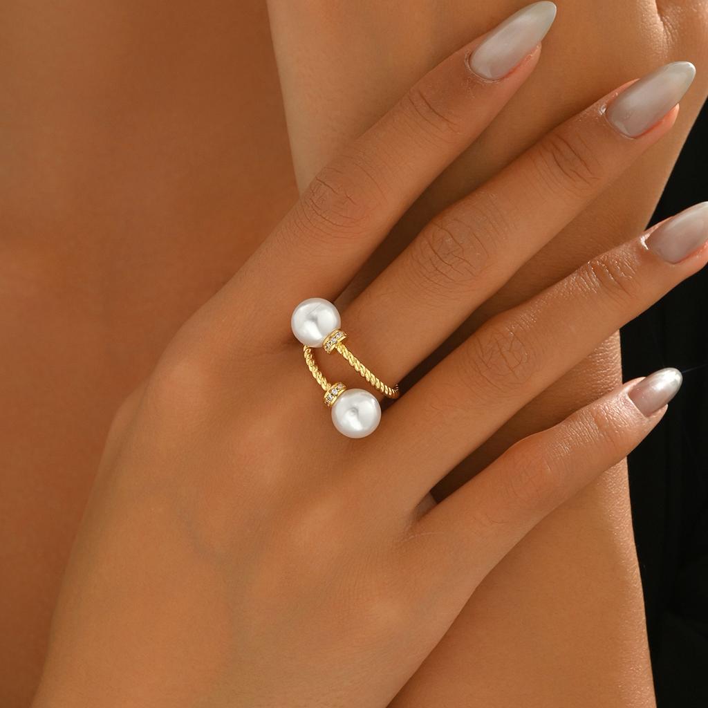 Простое женское кольцо в стиле сяосянфэн, с геометрическим дизайном нити, инкрустированное цирконом и жемчугом, открытое кольцо, универсальное украшение