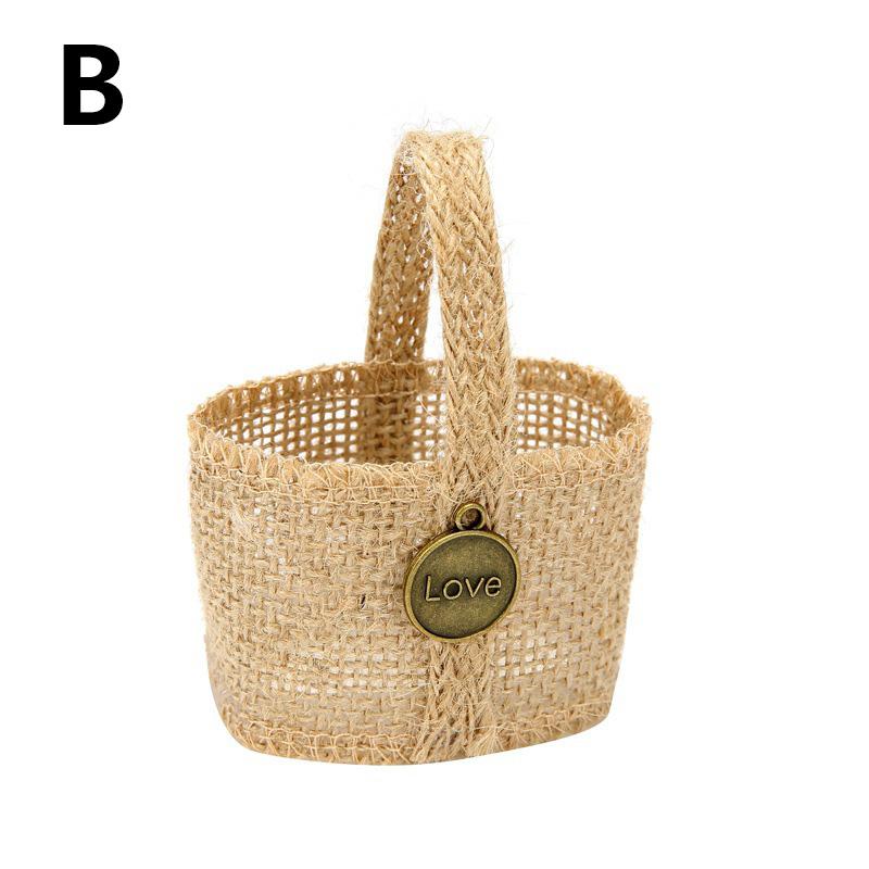 1PC Gift Bag Party Burlap Storage Basket Linen Handle Baby Shower Lace Wedding Ceremony Flower Basket Table Decoration