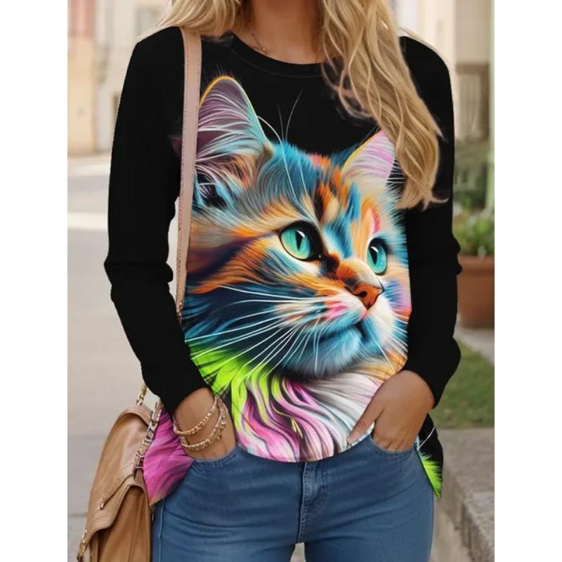 Женские футболки с принтом Cat 3D, желтые, красные, синие, с длинным рукавом, повседневные, выходные, модные, забавные, с круглым вырезом, стандартный крой, весна-осень