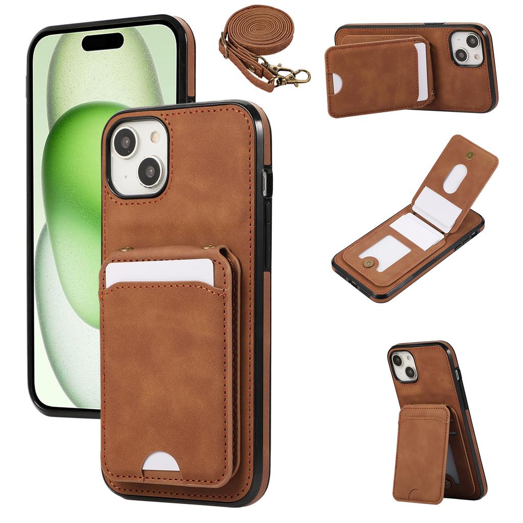For iPhone 15 Case Card Holder Kickstand Leather + TPU Phone Cover with Shoulder Strap