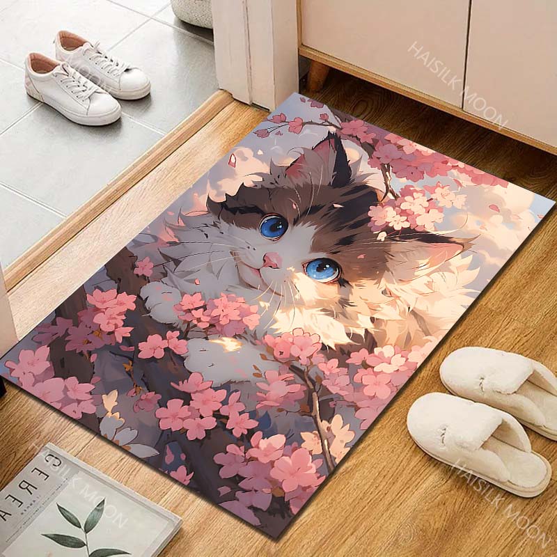 Multiple sizes Cat with Cherry Blossoms Carpet for Living Room Bedroom Sofa Home Decor Rus Non-slip Floor Mat Luxury Gift