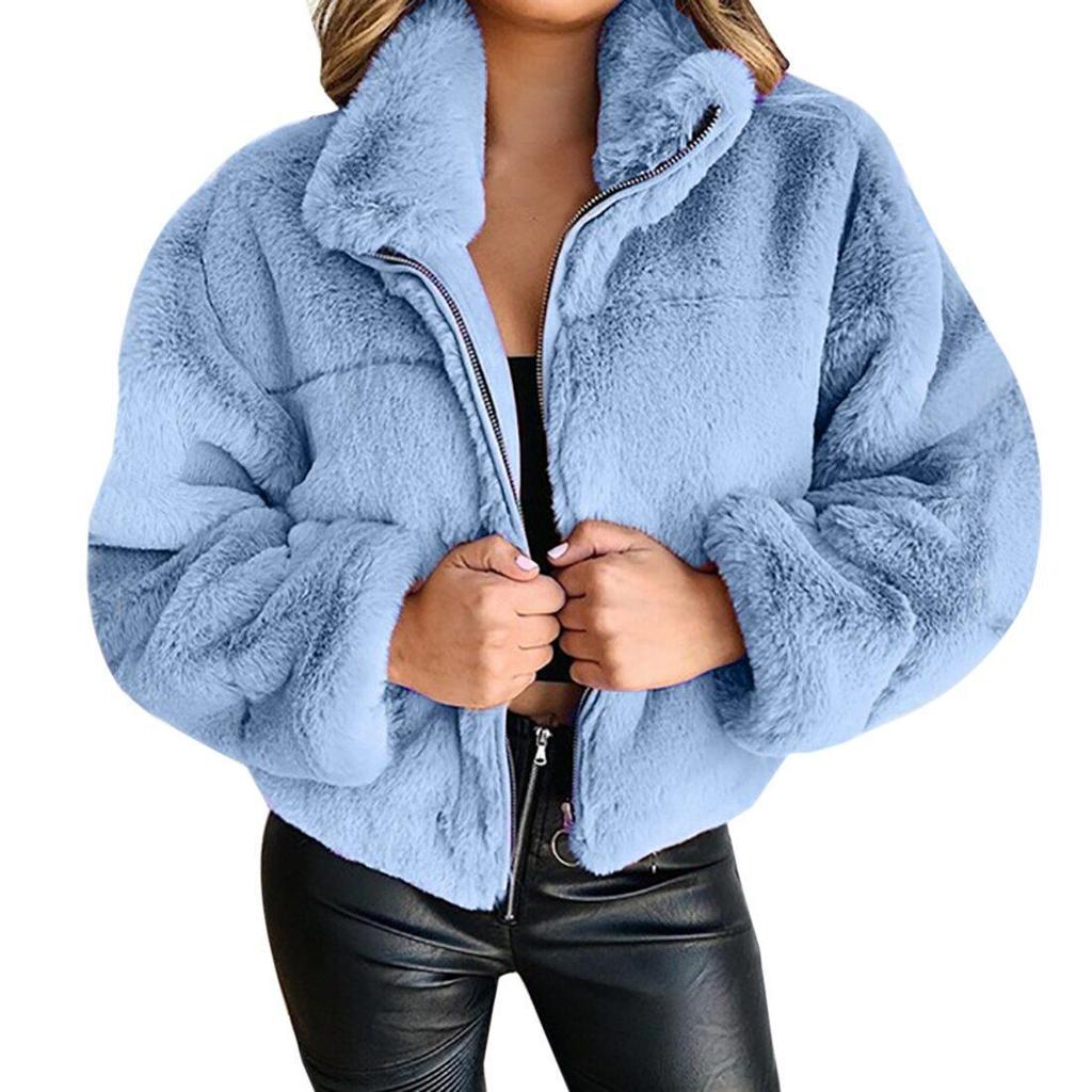 Women's Autumn Winter Faux Fur Short Coats Zipper Cardigan Plush Warm Coat Female Oversized Outerwear Overcoat Thick Jacket