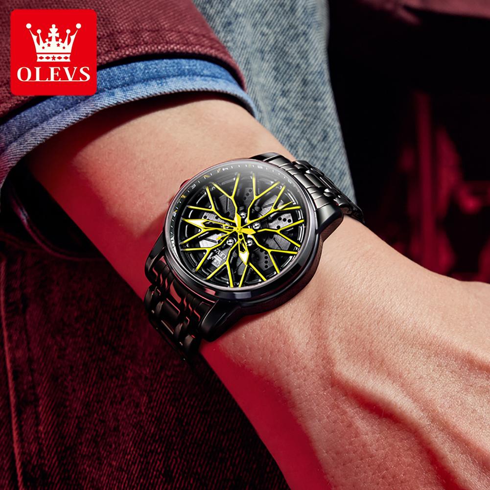 OLEVS Quartz Watch for Man Hollow Rotary Wheel Dial Original Black Stainless Steel Waterproof Luminous Men's Wrist Watches 3701