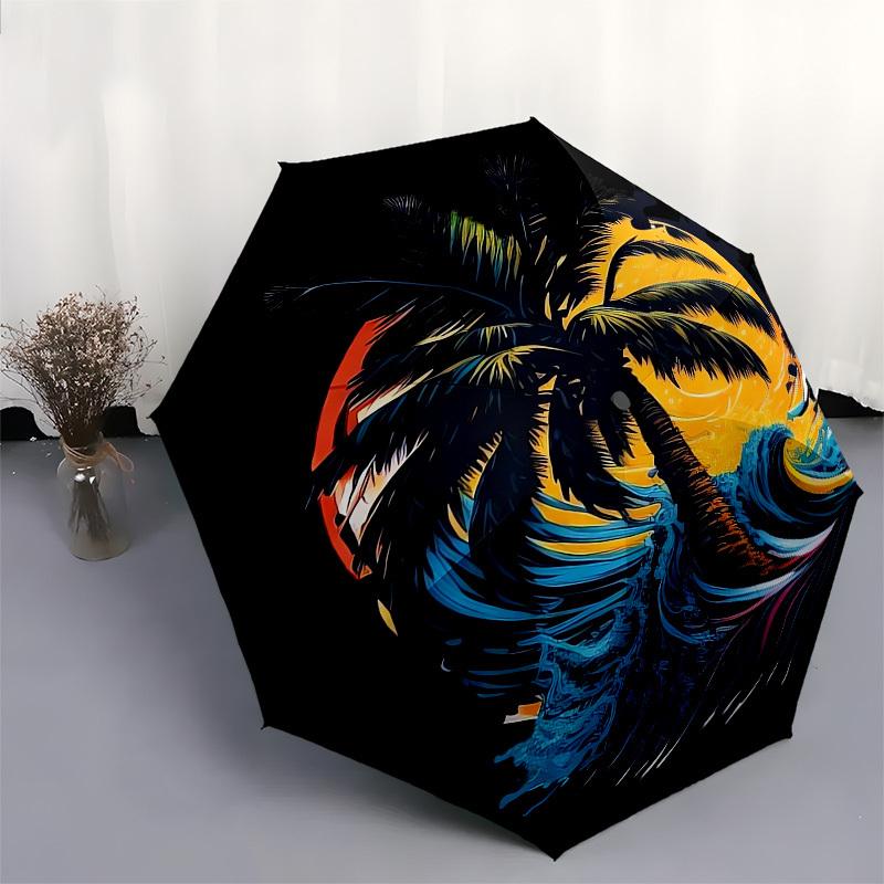 1pc Ocean Wave Sunset Palm Tree Surfing Umbrella with Plastic Handle,Compact & Stylish,Cartoon Pattern,Outdoor UmbrellaPT447