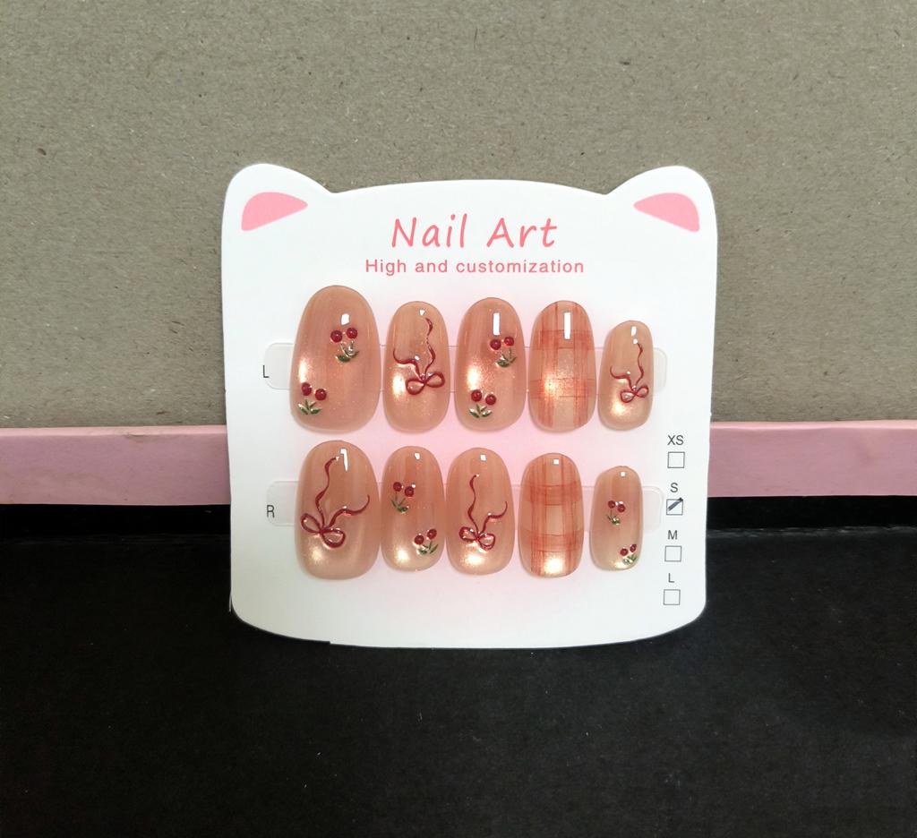 10Pcs Handmade Almond Nude Pink Cat Eye Press On Nails With Sweet Cherry Plaid Bow Reusable False Nails For Women Party