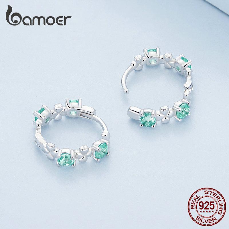 BAMOER стерлингового серебра 925 пробы, зеленое стекло, четырехлистный клевер, зажимы для ушей, серьги-кольца для женщин, ювелирные изделия, счастливый подарок
