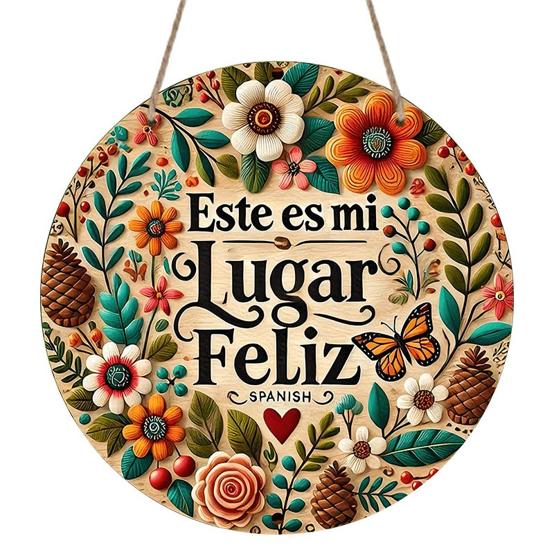 2D Flat Aluminum Spanish-language "Happy Home" Slogan Decoration Plaques and Ornaments. Folk-style Painted Floral and Butterfly-shaped Wall