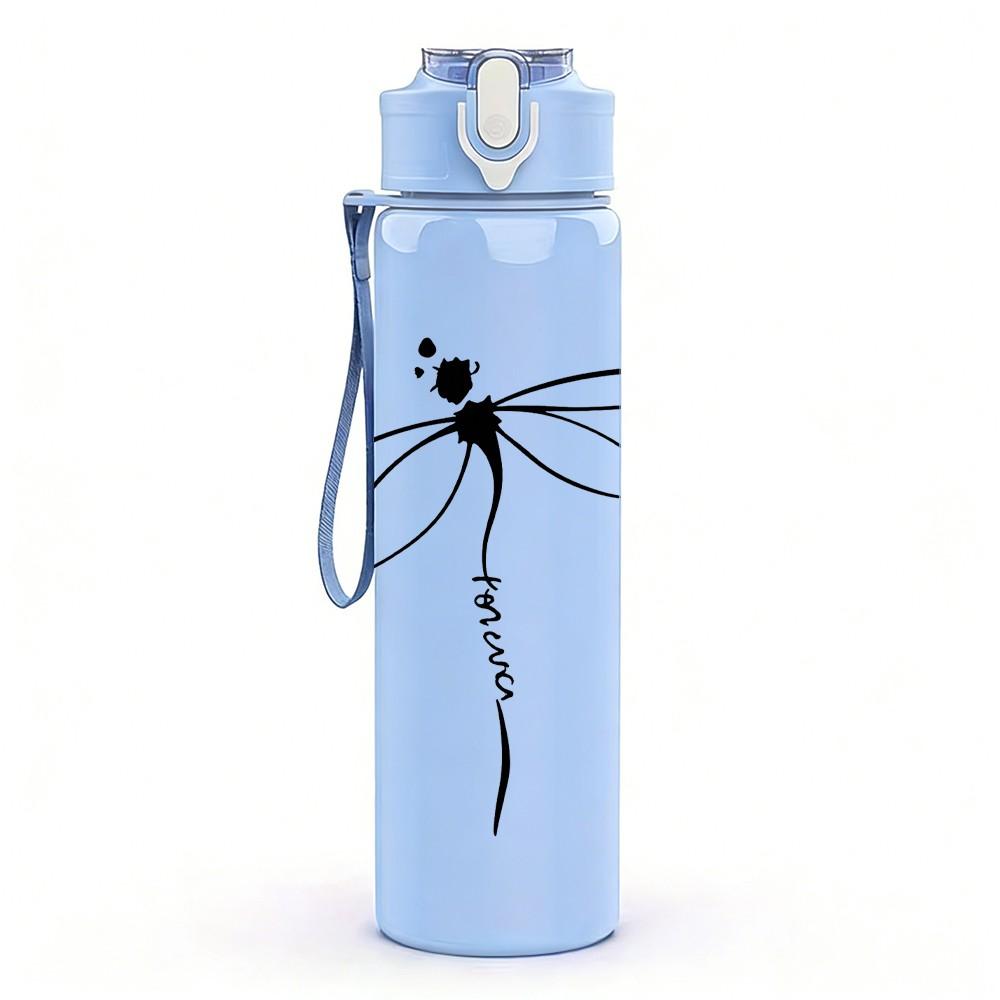 1PC Dragonfly Thin Line Sketch Print 750ml Color Plastic Sports Water Bottle Leakproof Flip Straw Lid Suitable for Sports Office Home Use