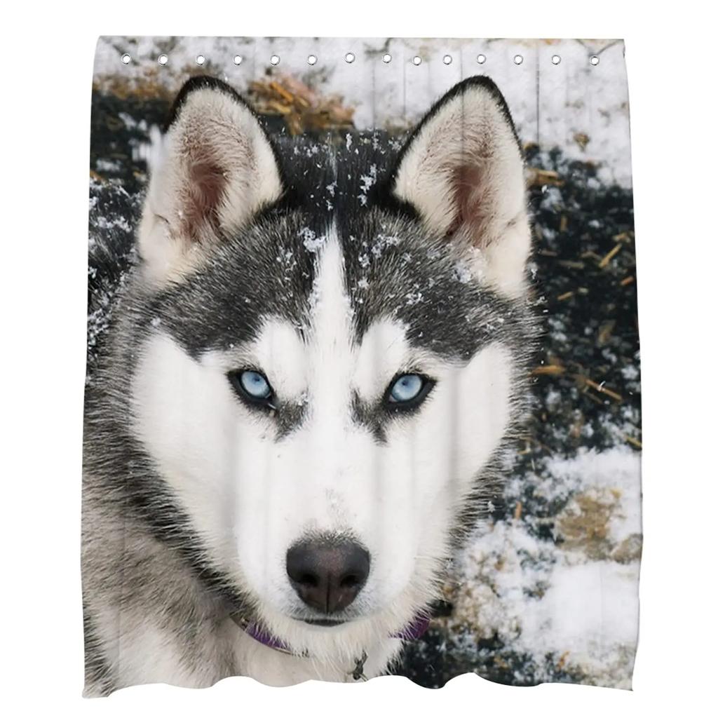 Cute Siberian Husky Shower Curtain Christmas Shower Curtain Set Husky Dog Puppy Bathroom Curtain Pet Dogs Christmas Home Decor