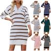 Женский повседневный и модный свитер с длинными рукавами и V-образным вырезом, а также полосатое свободное трикотажное платье