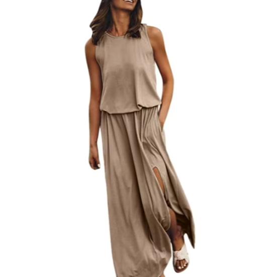 Женское платье-жилет без рукавов с боковыми разрезами и круглым вырезом, плиссированное макси-платье с карманами, однотонное свободное платье для свиданий, повседневных путешествий