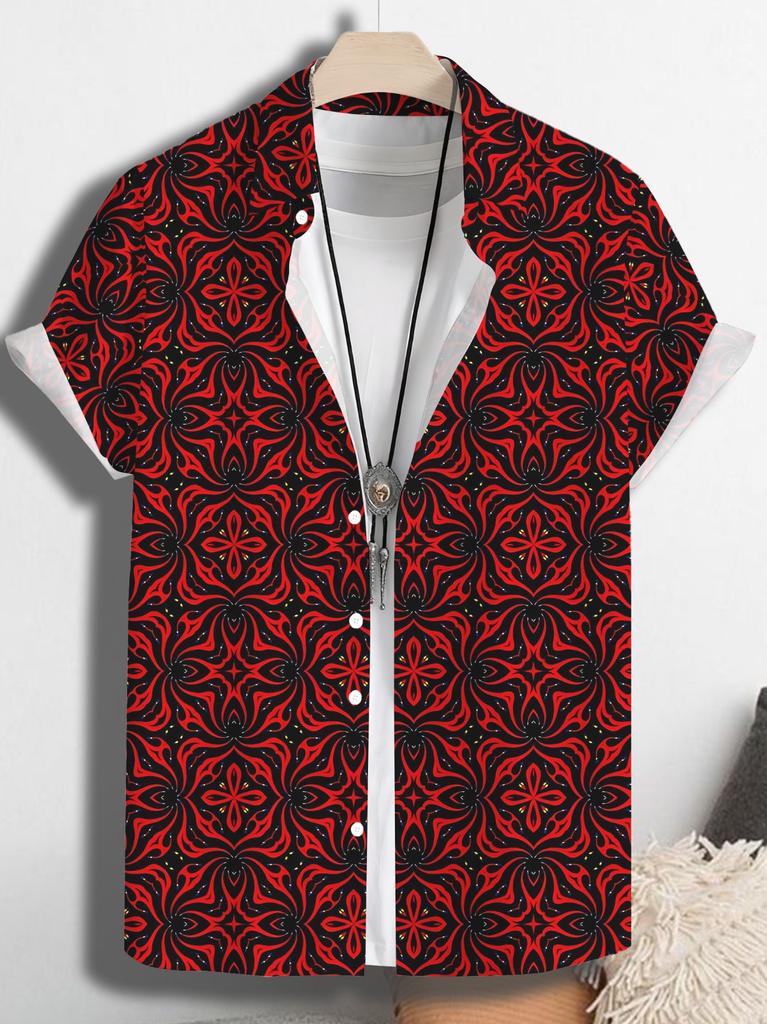 Hawaii Men'S Retro Red Geometric Print Casual Shirt - Short Sleeve Button Design, Vibrant Colors, All Season Outdoor And Casual Wear, Machine Washable