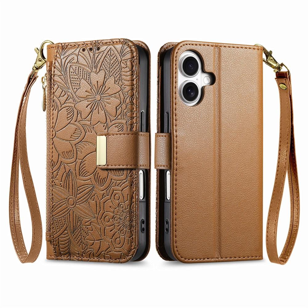 Чехол-кошелек для телефона с 6 отделениями для карт, карманом на молнии для монет, подставкой для просмотра без рук и ремешком на запястье, цветочный дизайн для iPhone / Samsung