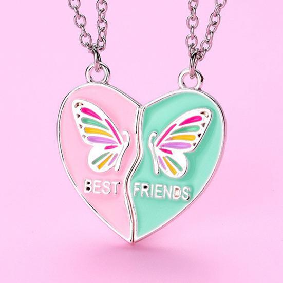 Women Necklace BEST FRIENDS Oil-dripping Butterflies Magnetic Double Chain Splicing Love Heart Kids