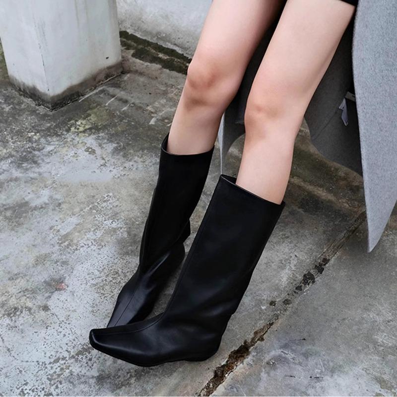 Простые универсальные рыцарские ботинки с квадратным носком на низком каблуке для женщин, новые модные темпераментные сапоги-чулки средней длины для женщин