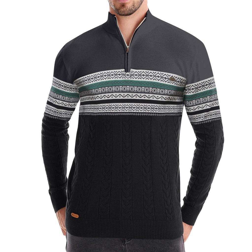 Мужской зимний трикотажный топ с принтом, воротником-стойкой и полумолнией, облегающий крой, с длинным рукавом