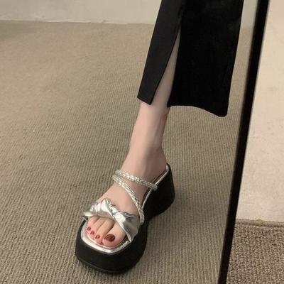 Женская обувь Платформа Открытый носок Слайды с бантом Женские тапочки Черные сандалии со стразами VIP Распродажа Лучшие дизайны Дизайнерская Роскошь