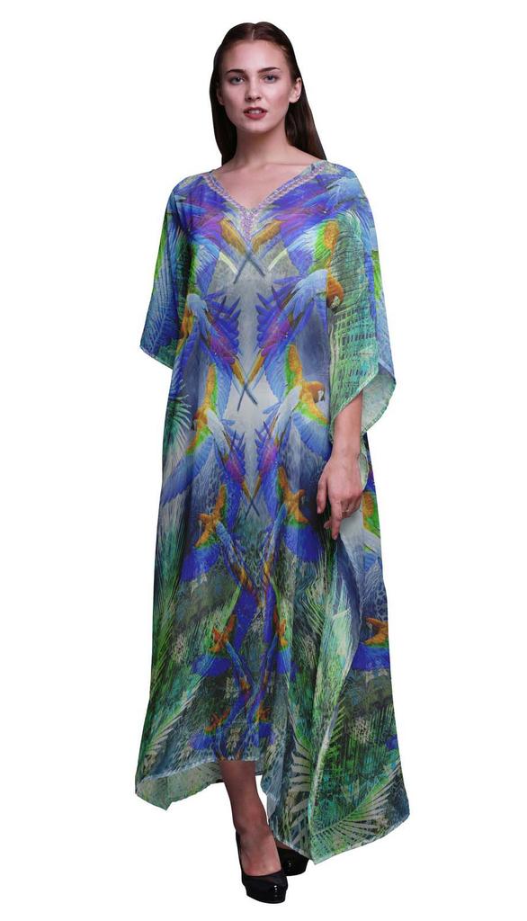 Phagun Branch & Colorful Parrot Bird Long Caftan Maxi Dress Beach Swimwear Cover Up Womens