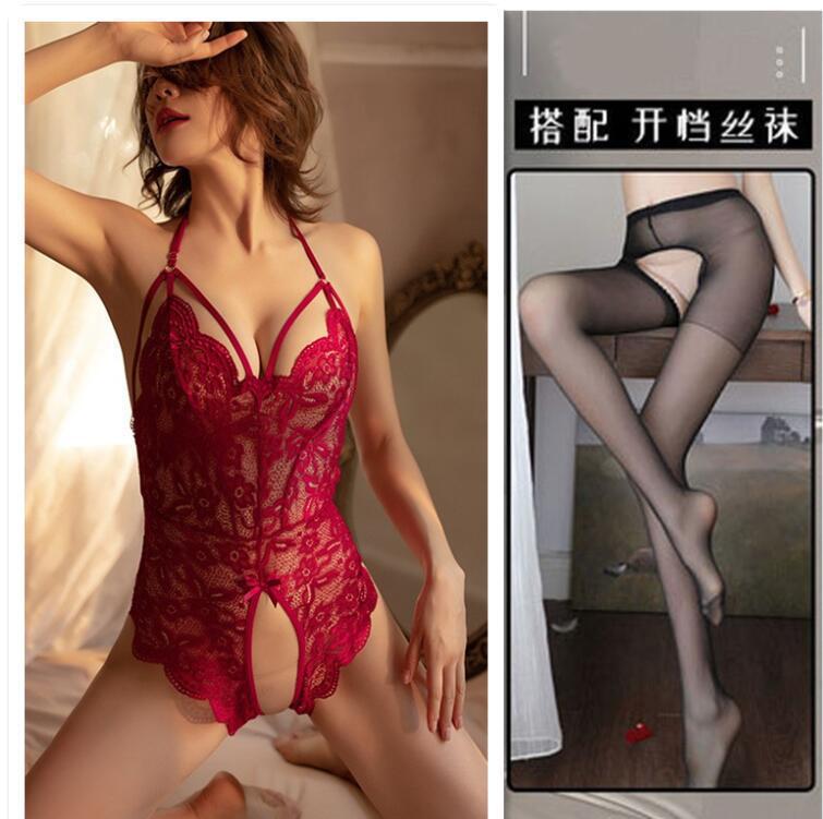 Honey sexy lingerie lace seduction onesie women's open file hot hollow perspective uniform