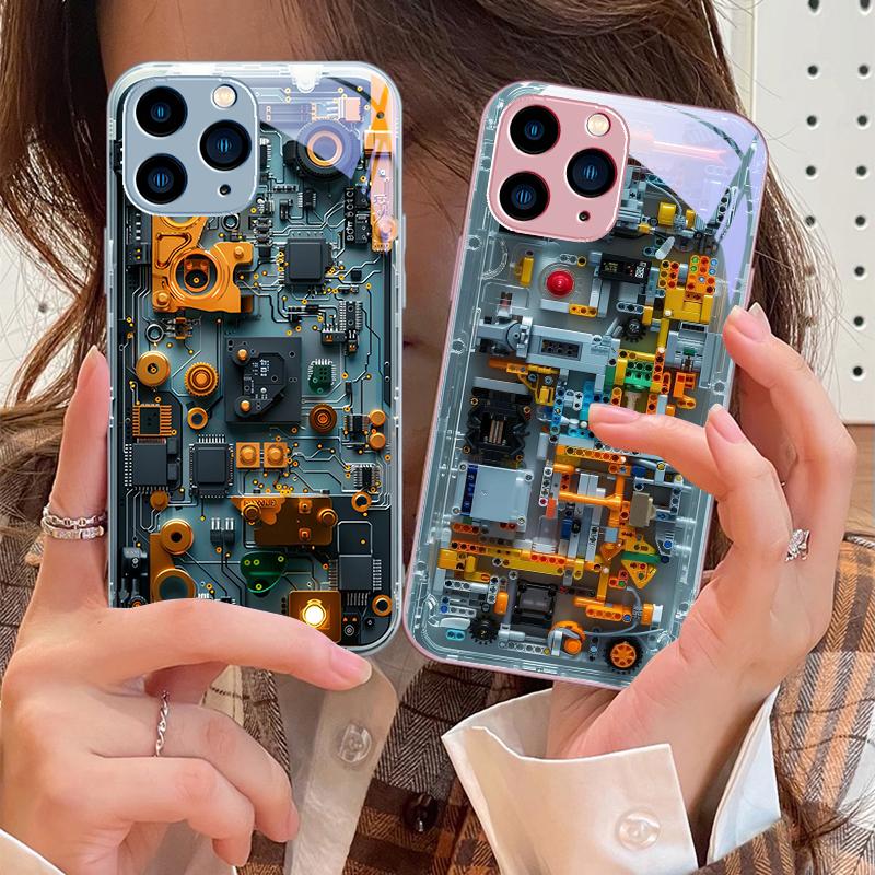Механическое устройство черное Для IPhone 16 Pro Max 15 Pro 14 13 12 Mini 11 XS Max XR 7 8 Plu SE 2022 Закаленное стекло Чехол для телефона