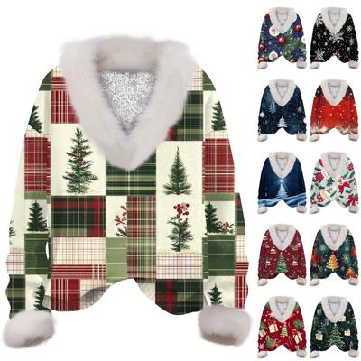 Женская толстовка с длинным рукавом, рождественским принтом, плюшевым воротником, V-образным вырезом, пуловер