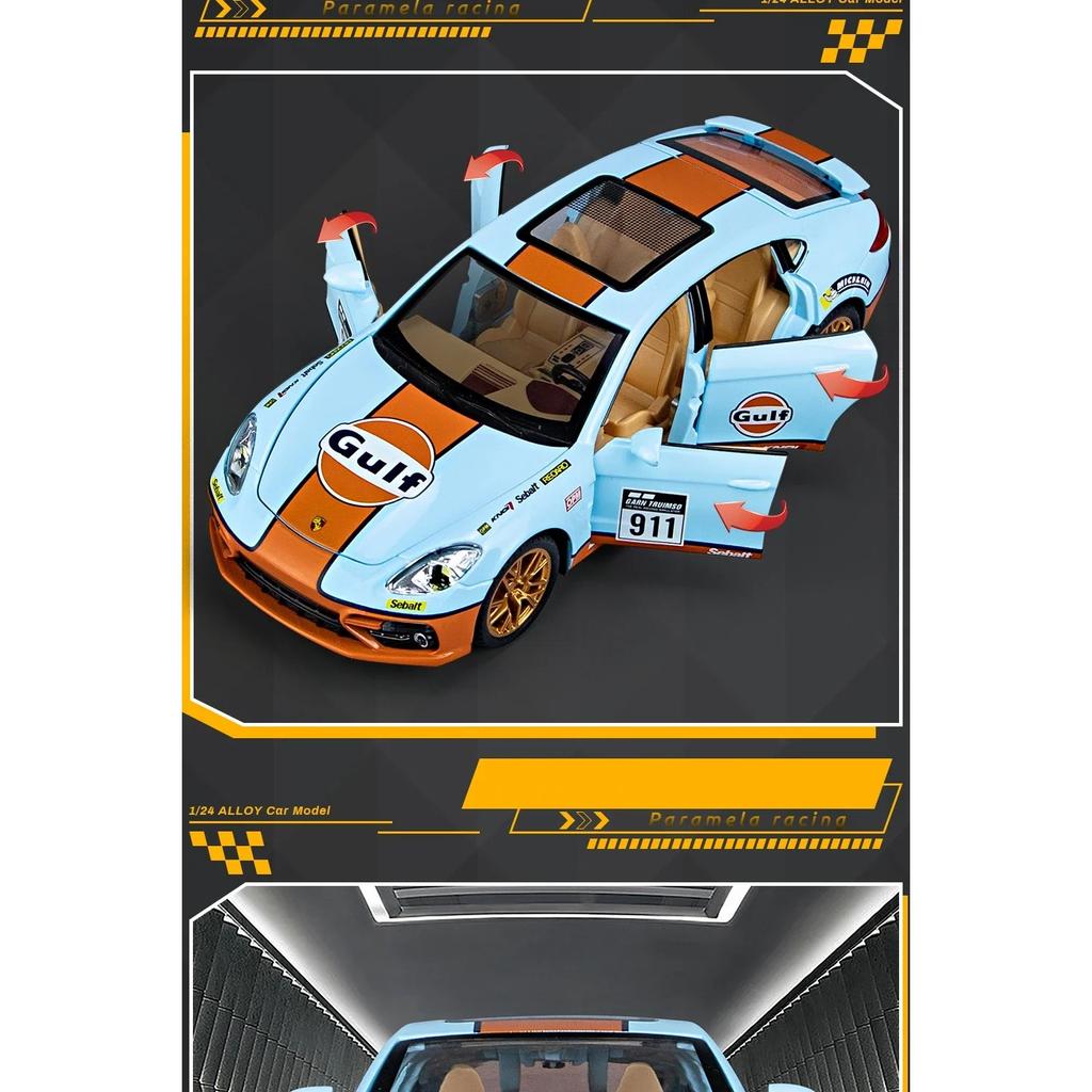 1/24 Porsche Panamera GULF Суперкар Литой сплав и Игрушечные транспортные средства Металлическая модель игрушечного автомобиля Звук и Свет Коллекционная игрушка
