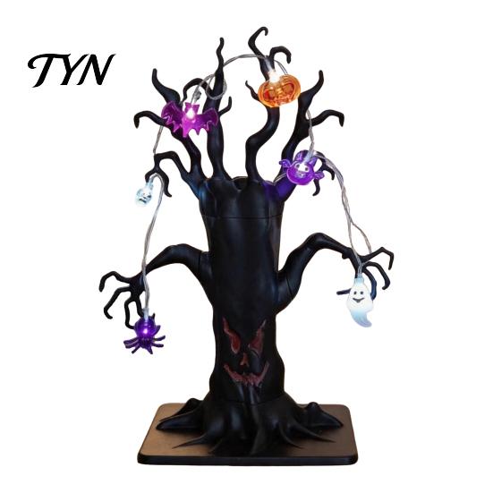 Desktop Decorations for Home Halloween Lighted Ghost Tree Centerpiece with LED Lights, Pumpkin Bat Spooky Desk Ornaments Spider Light String,