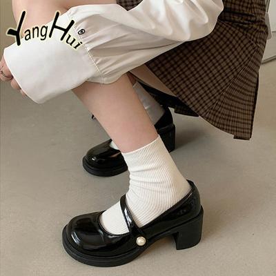 Туфли Мэри Джейн в британском стиле в стиле ретро 2024 года, универсальные повседневные туфли с жемчужными аксессуарами, туфли-лодочки на круглом носке, грубом квадратном каблуке, весна-лето