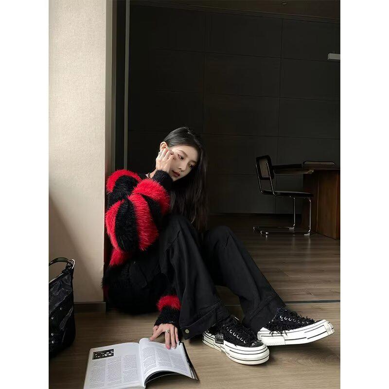 Мужская толстовка Cross-Border 2023 года: Вязаный свитер с круглым вырезом в черно-красную полоску на весну и осень.