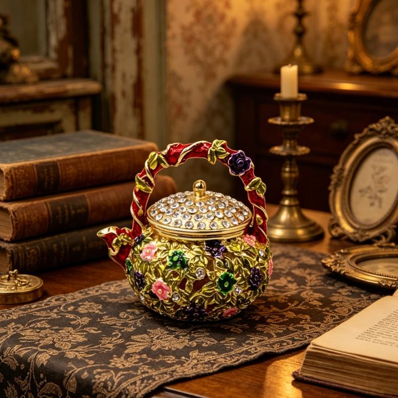 Элегантная Старинная Шкатулка для Украшений в Форме Чайника, Изделие из Сплава с Эмалевой Росписью для Коллекционеров