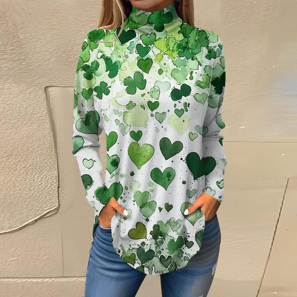Женский свободный с высоким воротом St. Футболка с длинным рукавом и принтом Патрика. Верхний пуловер.
