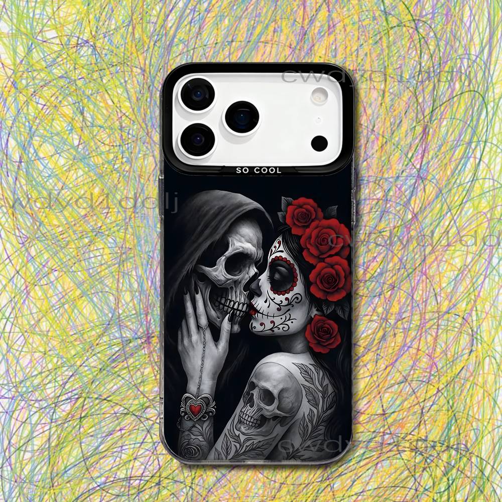 Mexican Catrina Skull Girls For iPhone 17,16,15,14,13,12,X,8,Pro,Max,Plus,SE4,Air,Mini Black IMD Matte Case