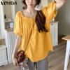 Summer Women Puff Sleeve Ruched Casual High Low Blouse Tops