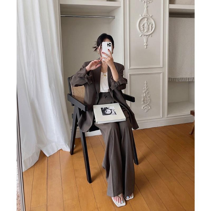 Женский костюм премиум-класса, британский стиль, весна-осень, брюки широкие, комплект из двух предметов, корейская минималистичная мода