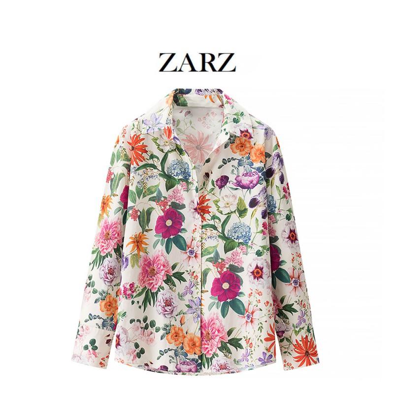 Womens Floral Print Poplin Shirt Loose Fit Long Sleeve Button-Down Top 2025 Elegant Vintage Style
